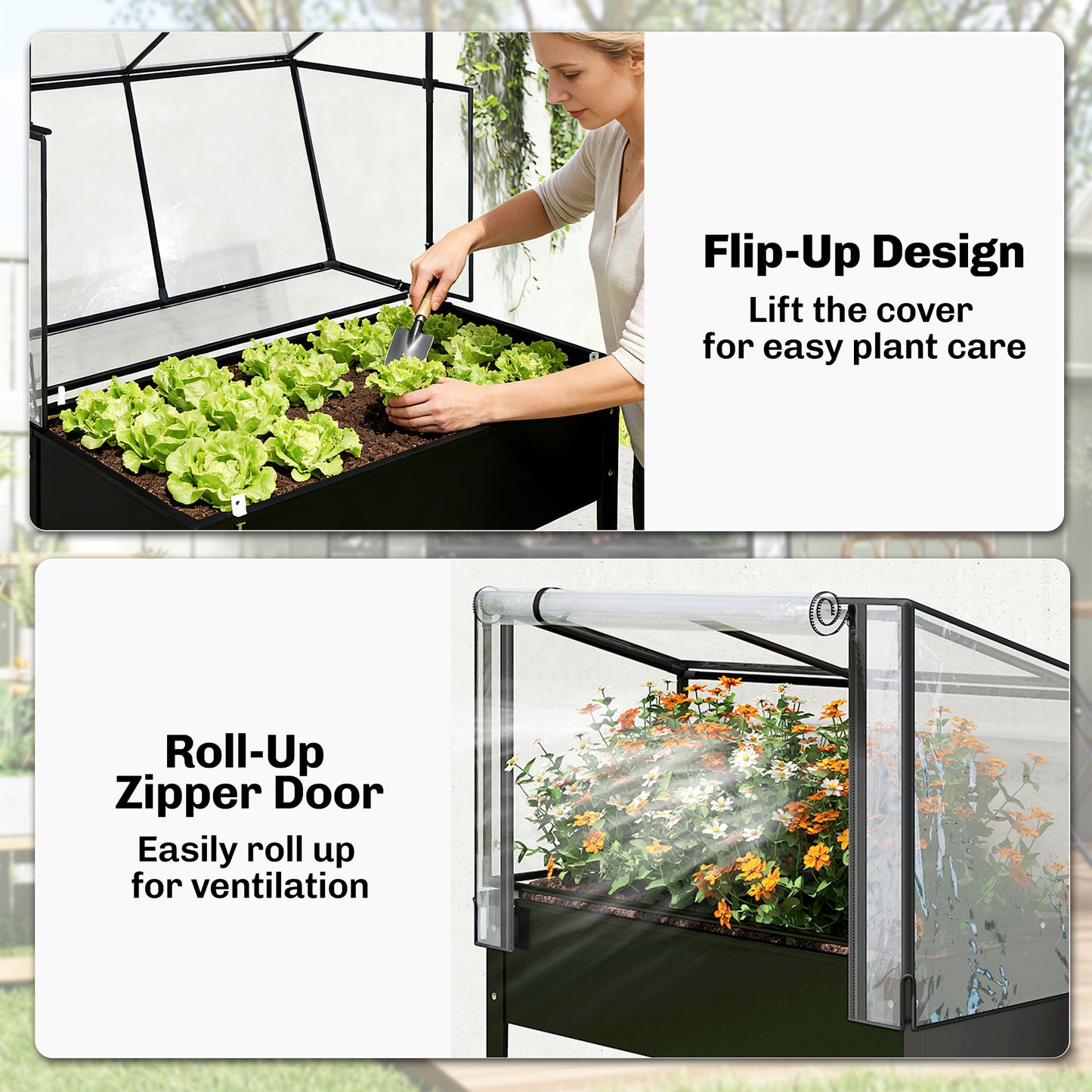 Raised Garden Bed with Flip-Up Greenhouse Cover - Metal Elevated Planter, Black, 1110x510x85 mm