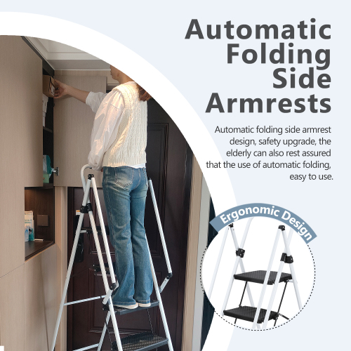 White Four-Step Ladder Folding Stepladder Anti-Slip Steel Stool Multi-Purpose