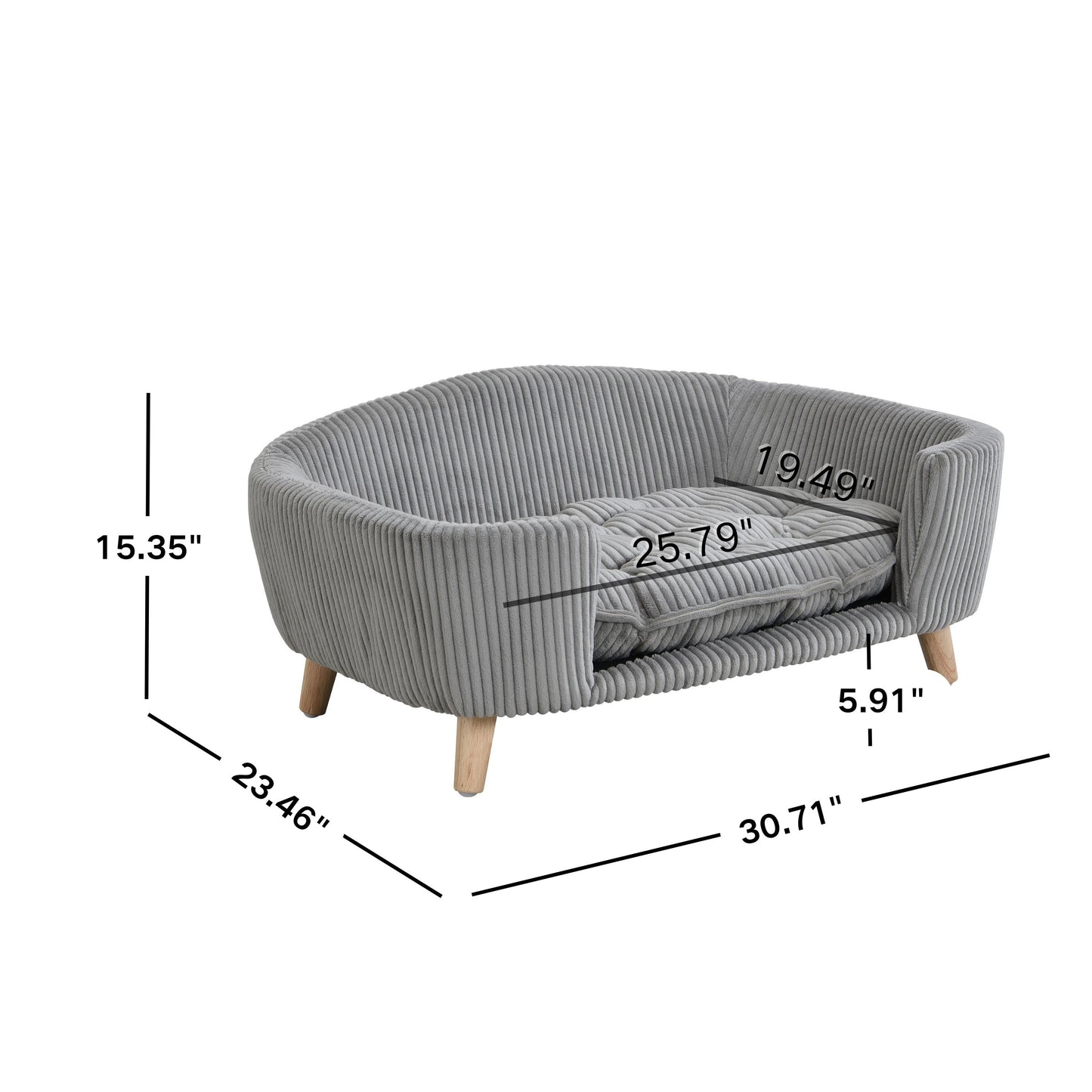 Small Dog Elevated Bed Frame with Corduroy Cushion & Rubber Wood Legs - Grey