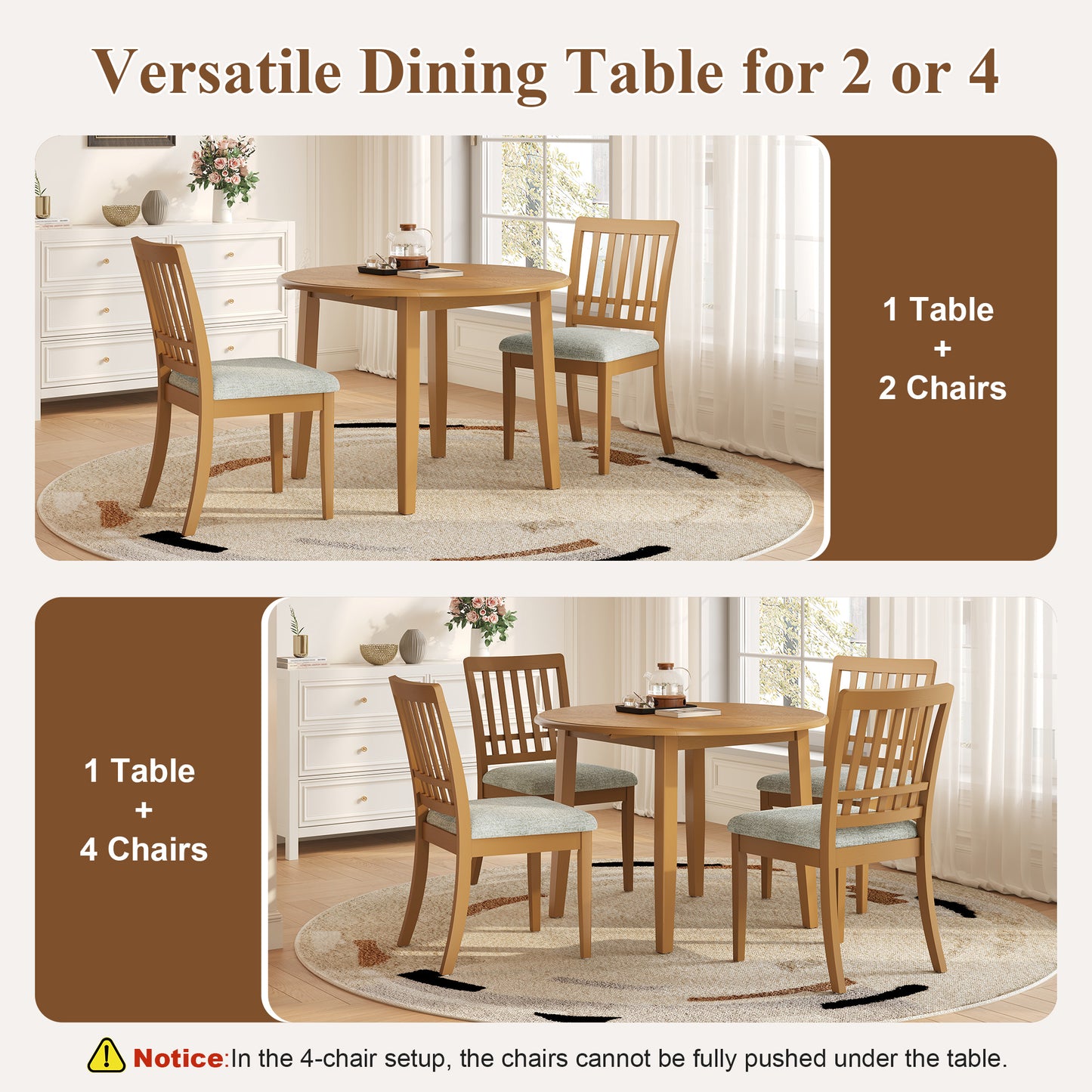 3-Piece Round Dining Table Set For 2 People, 1 Folding Wood