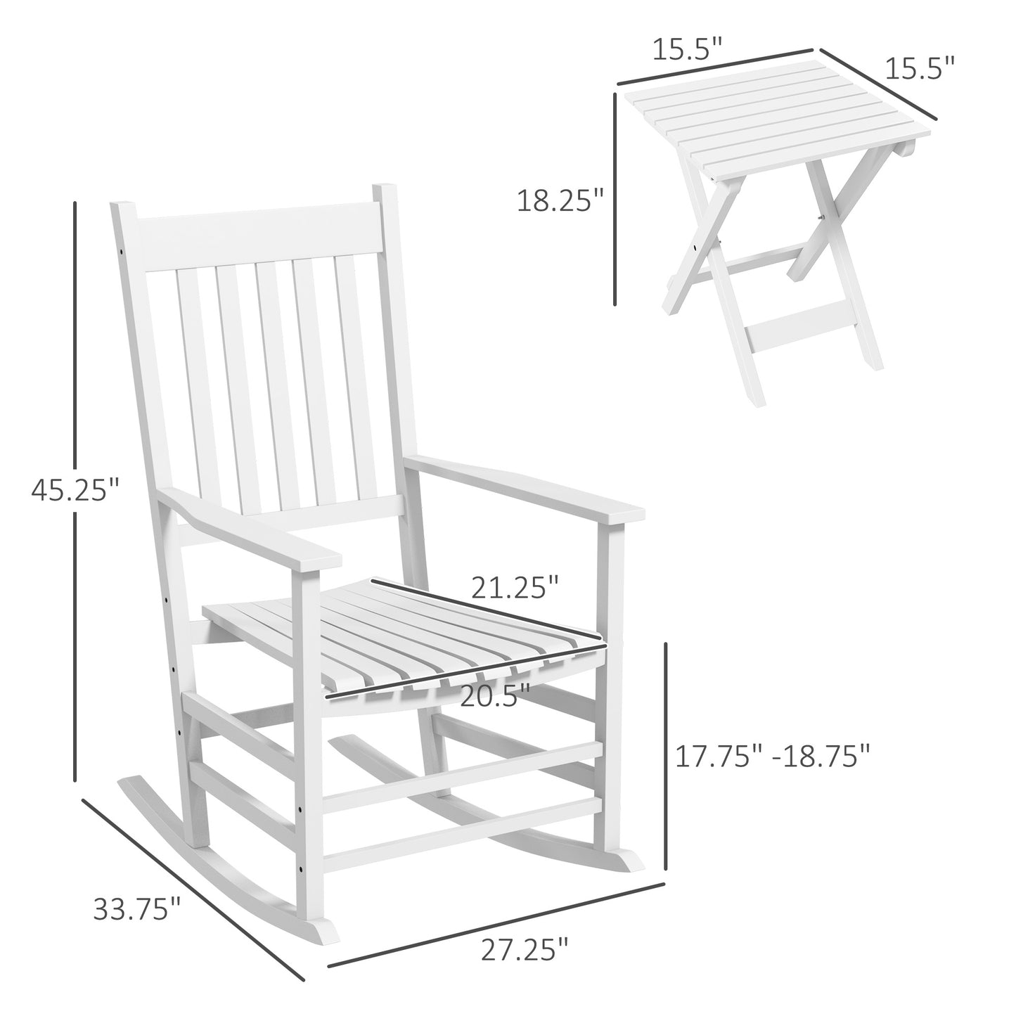 Wooden Rocking Chair Set of 2 with Side Table - White