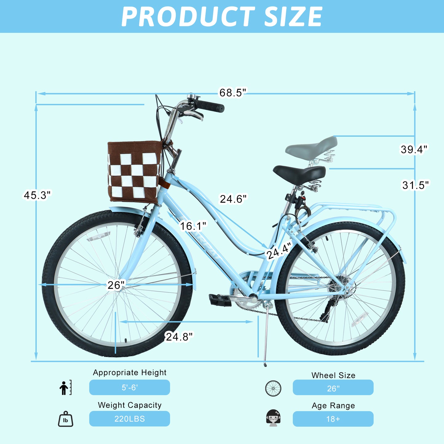 26 Inch City Commuter Bike with 7-Speed Drivetrain & Basket