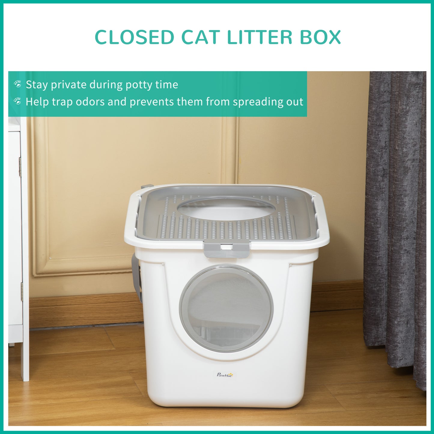 Covered Cat Litter Box with Front Entrance and Top Exit - Easy Cleaning, Odor Control, White