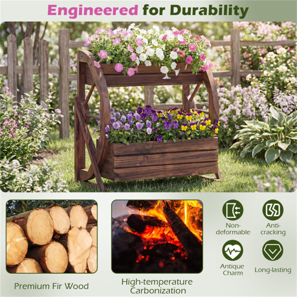 2-Tier Vertical Raised Garden Bed with Burned Finish - Rustic Wooden Planter for Weddings and Garden Decor