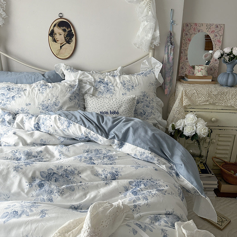 Princess Style Ruffled Cotton Bed Sheet Duvet Cover Set - Floral Minimalist Bedding