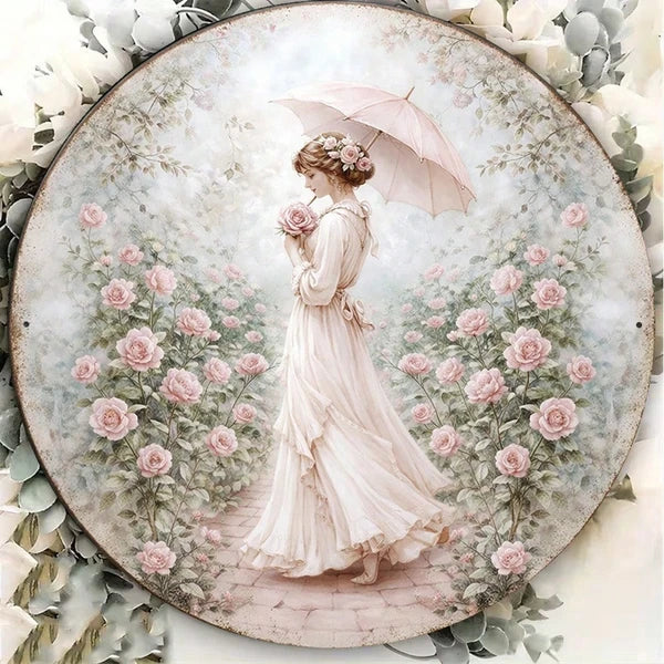 Victorian Lady & Roses Round Wall Plaque - Vintage Metal Sign