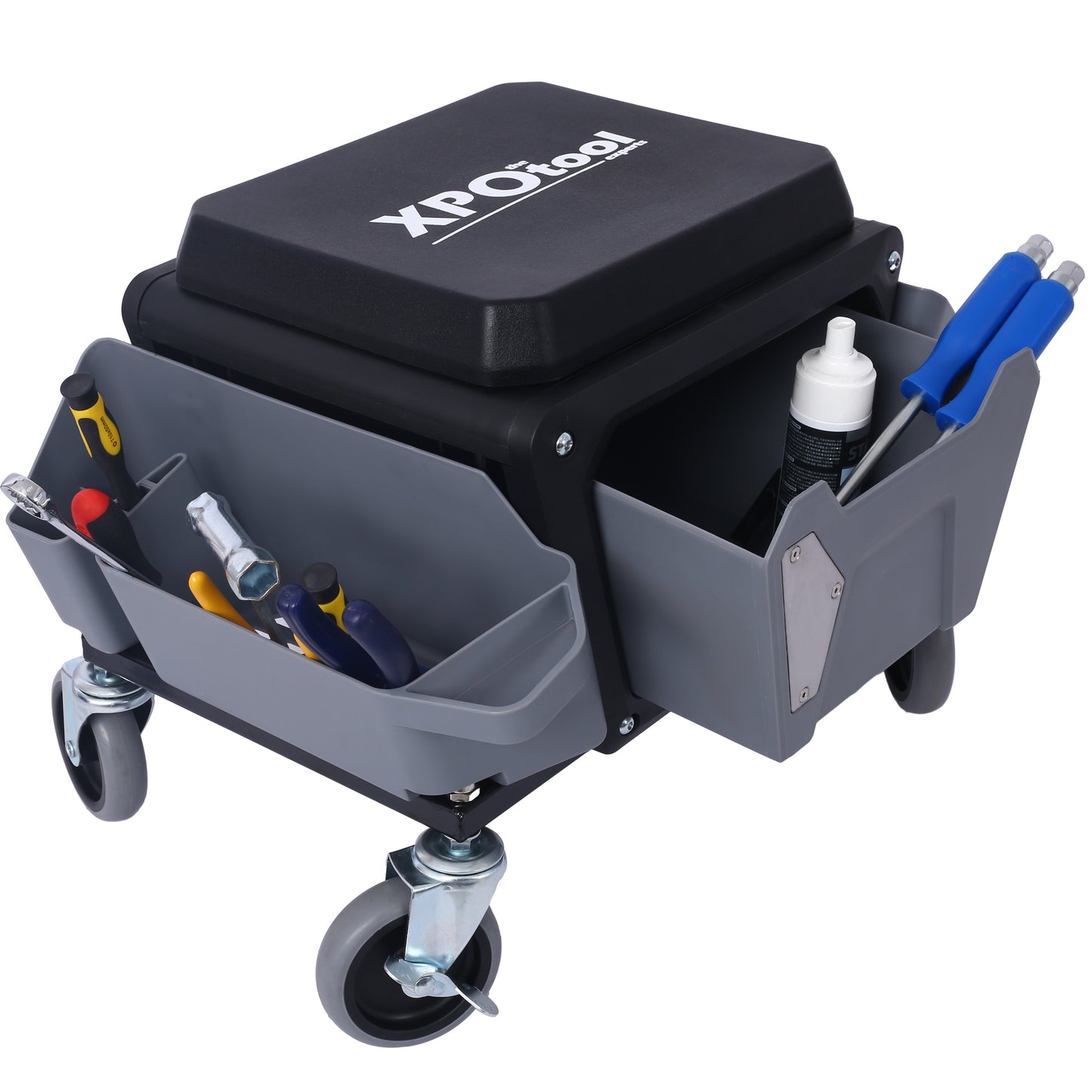 Heavy Duty Garage Stool with Wheels & Storage - Supports 330 lbs - Grey