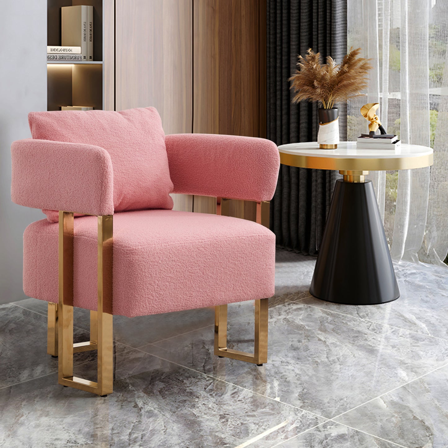 Modern Decorative Chair with Gold Metal Legs - Pink