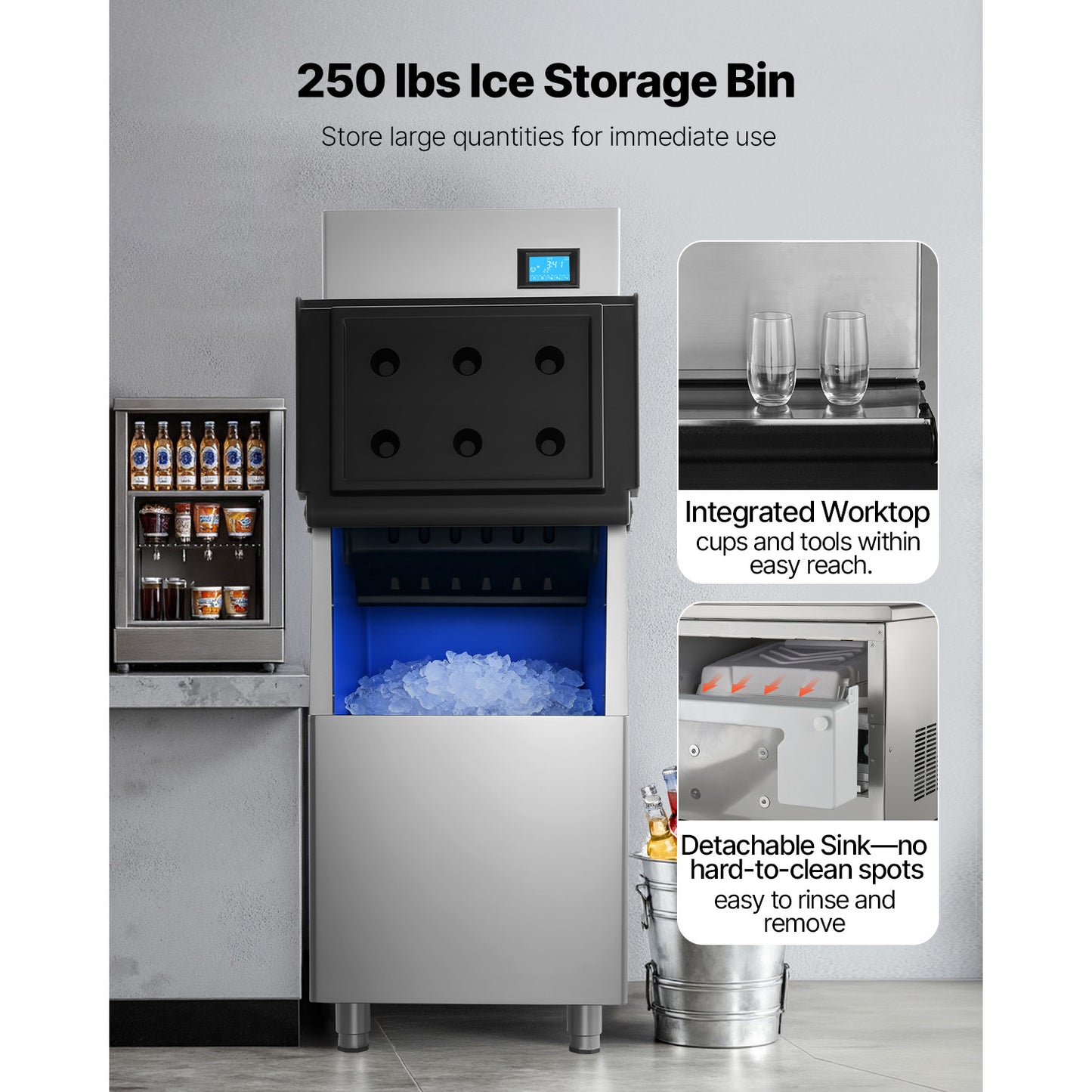 Commercial Ice Maker Machine 360LBS 24H with Large Storage Bin & Touchscreen