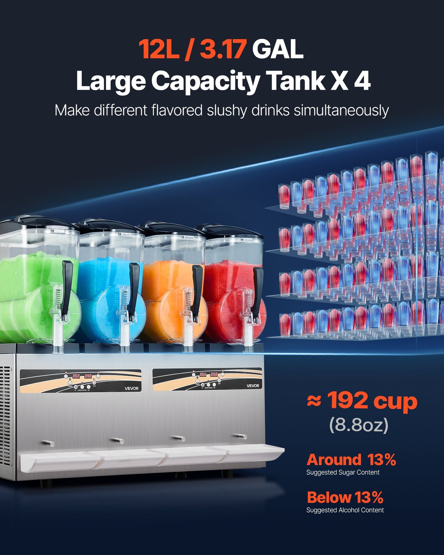 Commercial Slushie Machine with 4 Tanks, 12L Capacity - Frozen Drink Maker for Bars & Restaurants