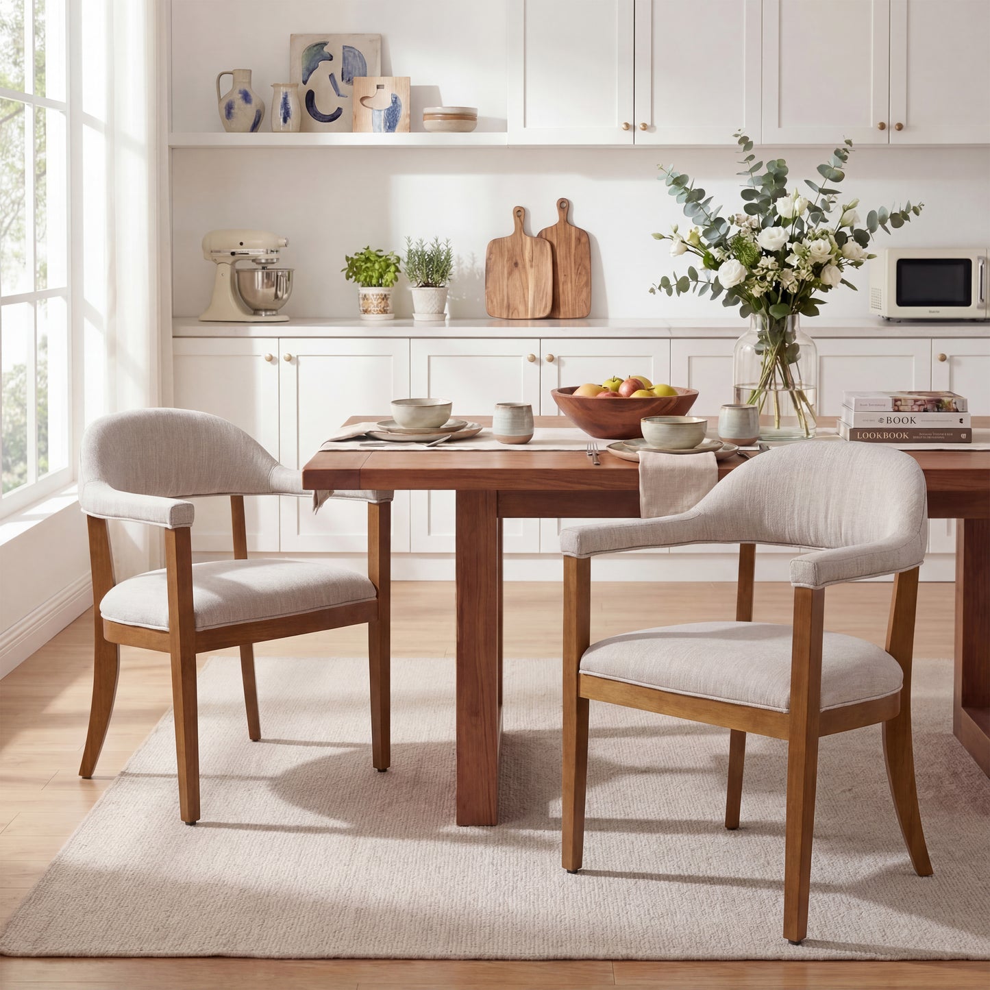 Upholstered Dining Chairs with Armrests - Set of 2, Walnut & Beige