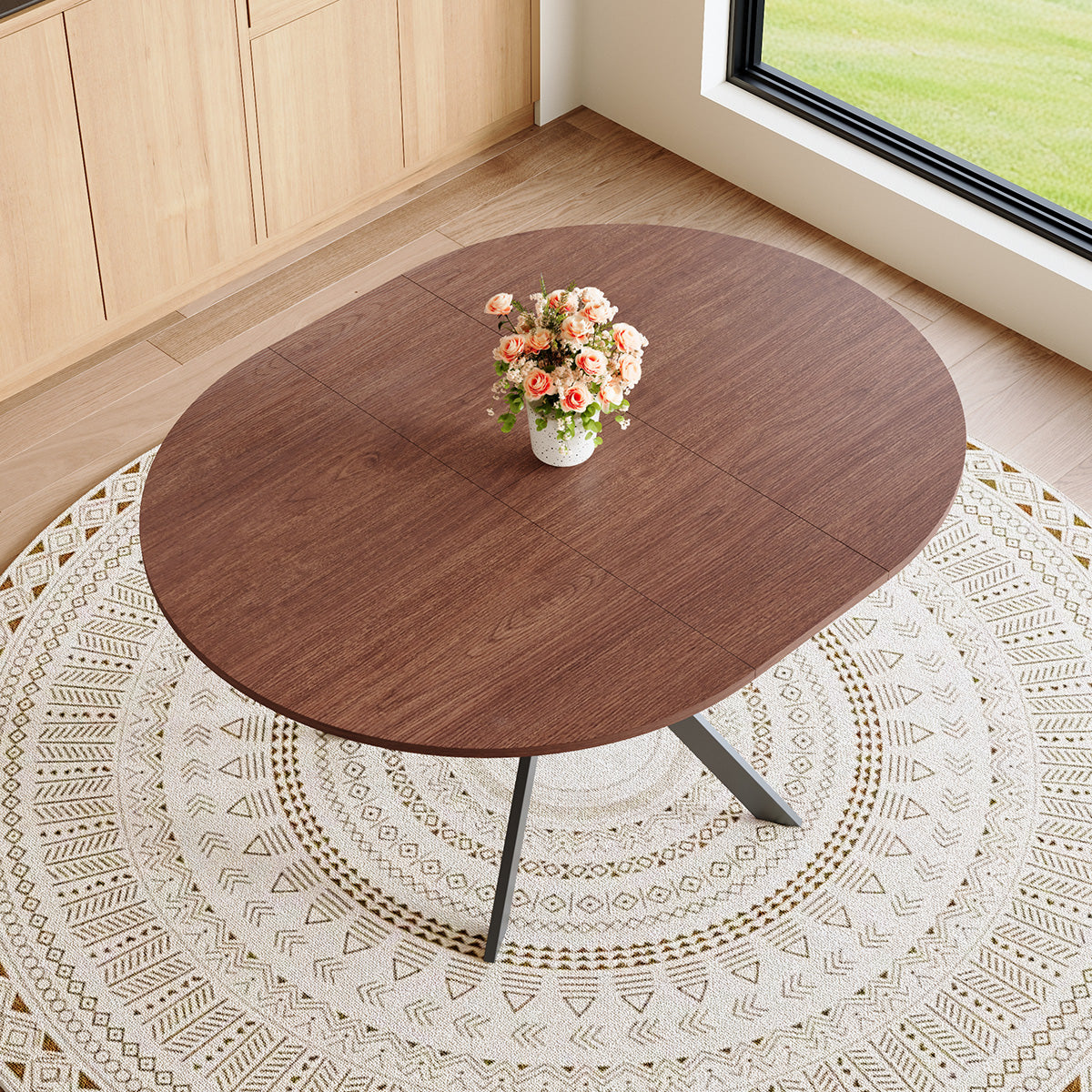 Extendable Round Dining Table - Space-Saving Walnut Table for 4-6