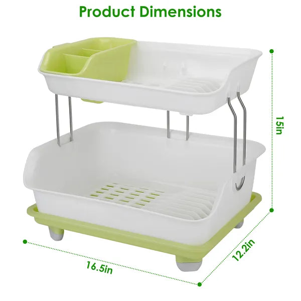 2-Tier Dish Drying Rack with Cutlery Holder - Green & White
