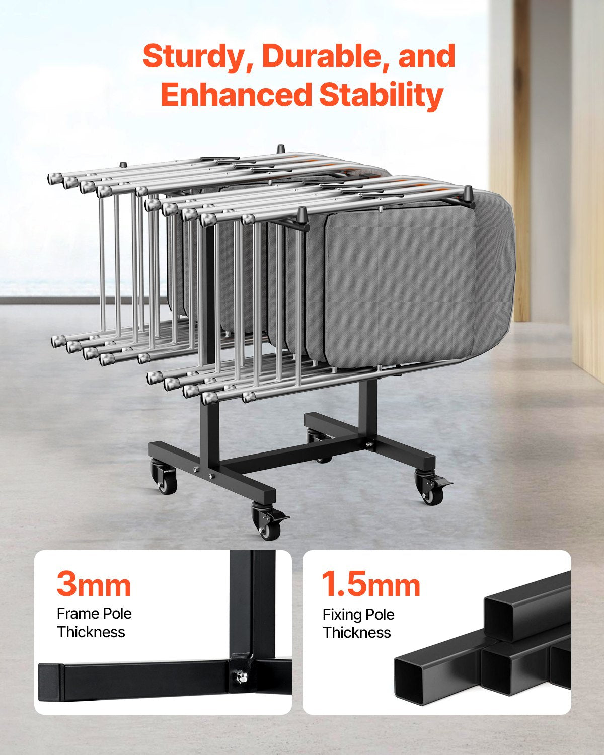 Folding Chair Rack Cart for 14 Chairs - Heavy Duty Garden Trolley, Black