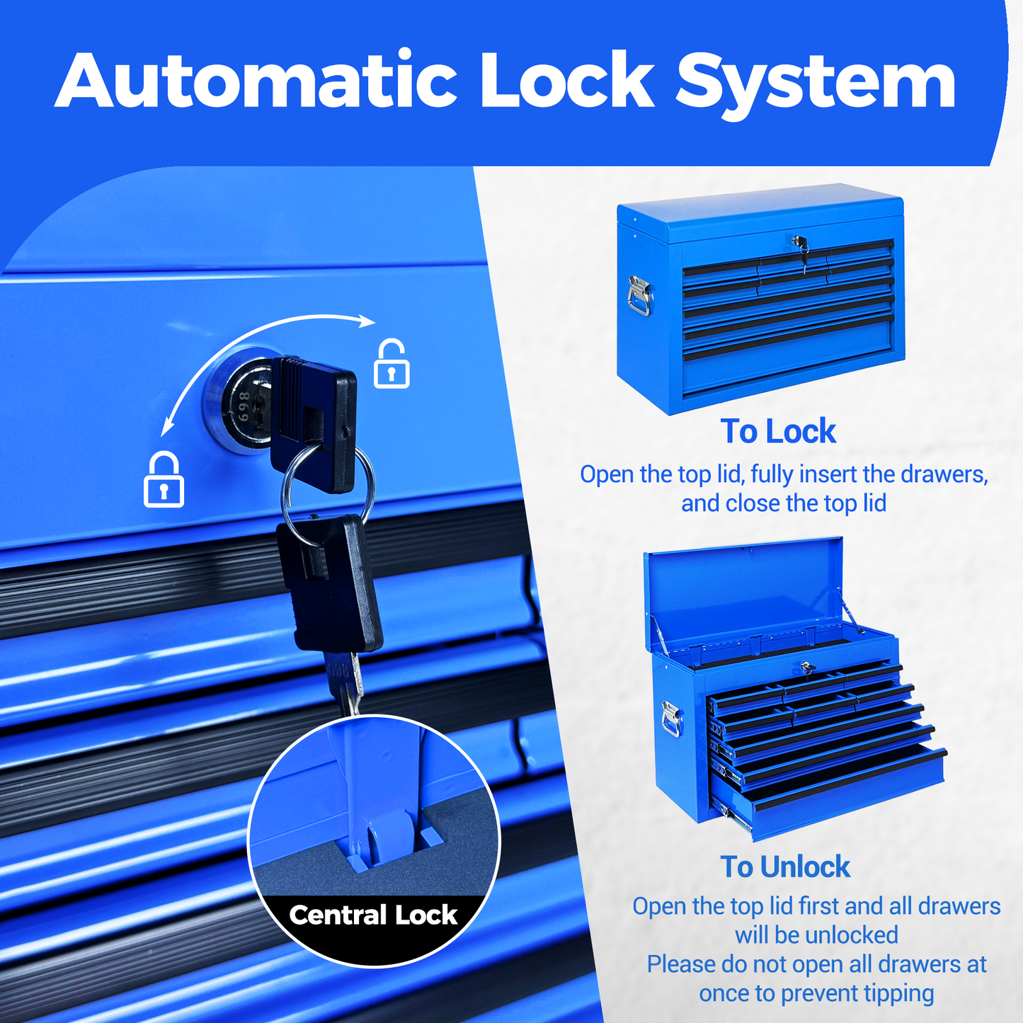 Heavy Duty Metal Tool Box 24-Inch with 9 Drawers and Locking Mechanism - Blue