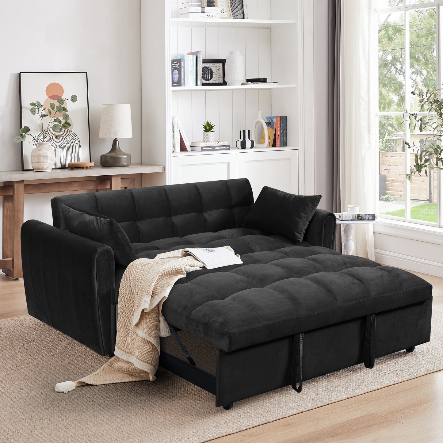 65-Inch Foldable Velvet Sofa Bed with Adjustable Back - Black