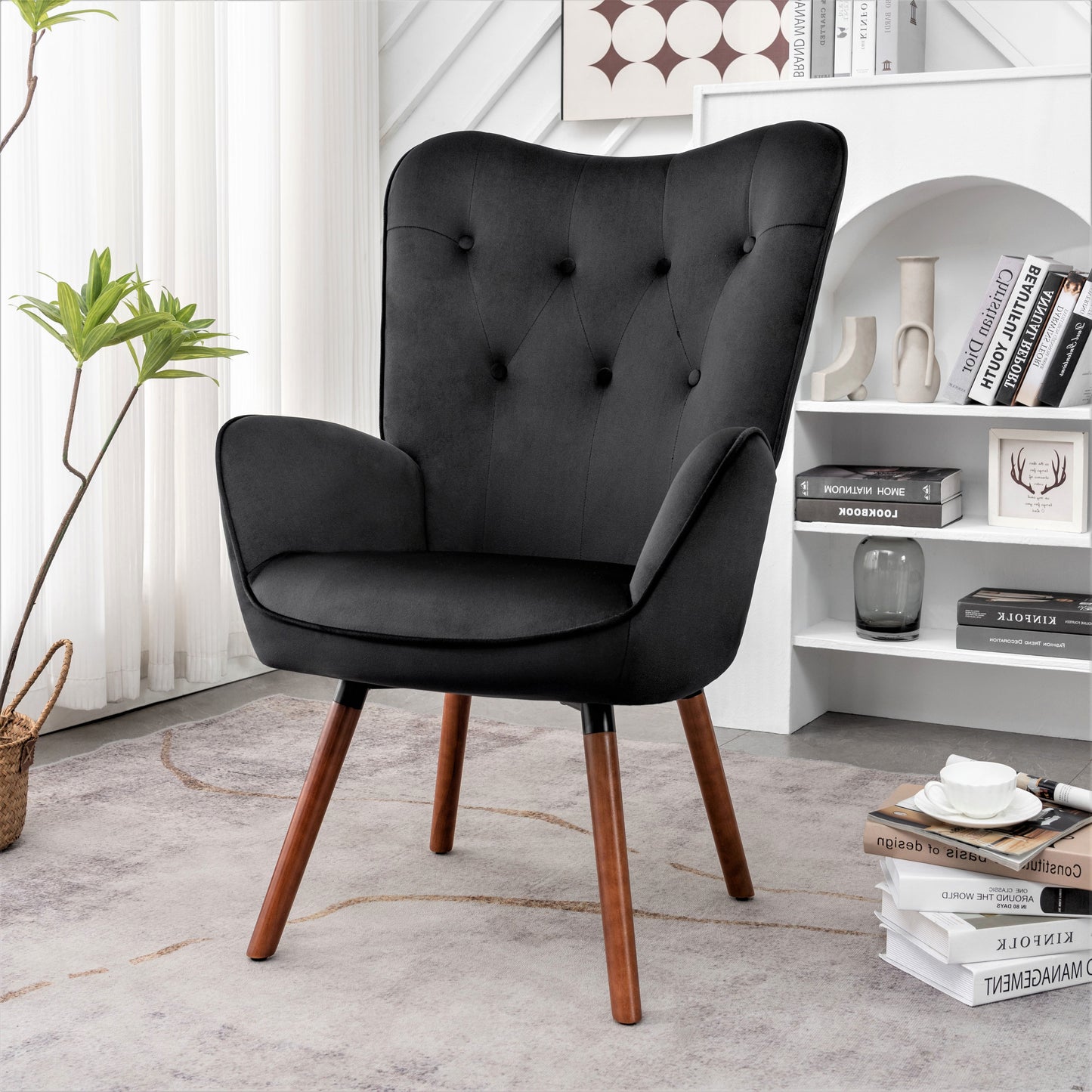 Mid-Century Modern Wingback Accent Chair, Button-Tufted Polyester