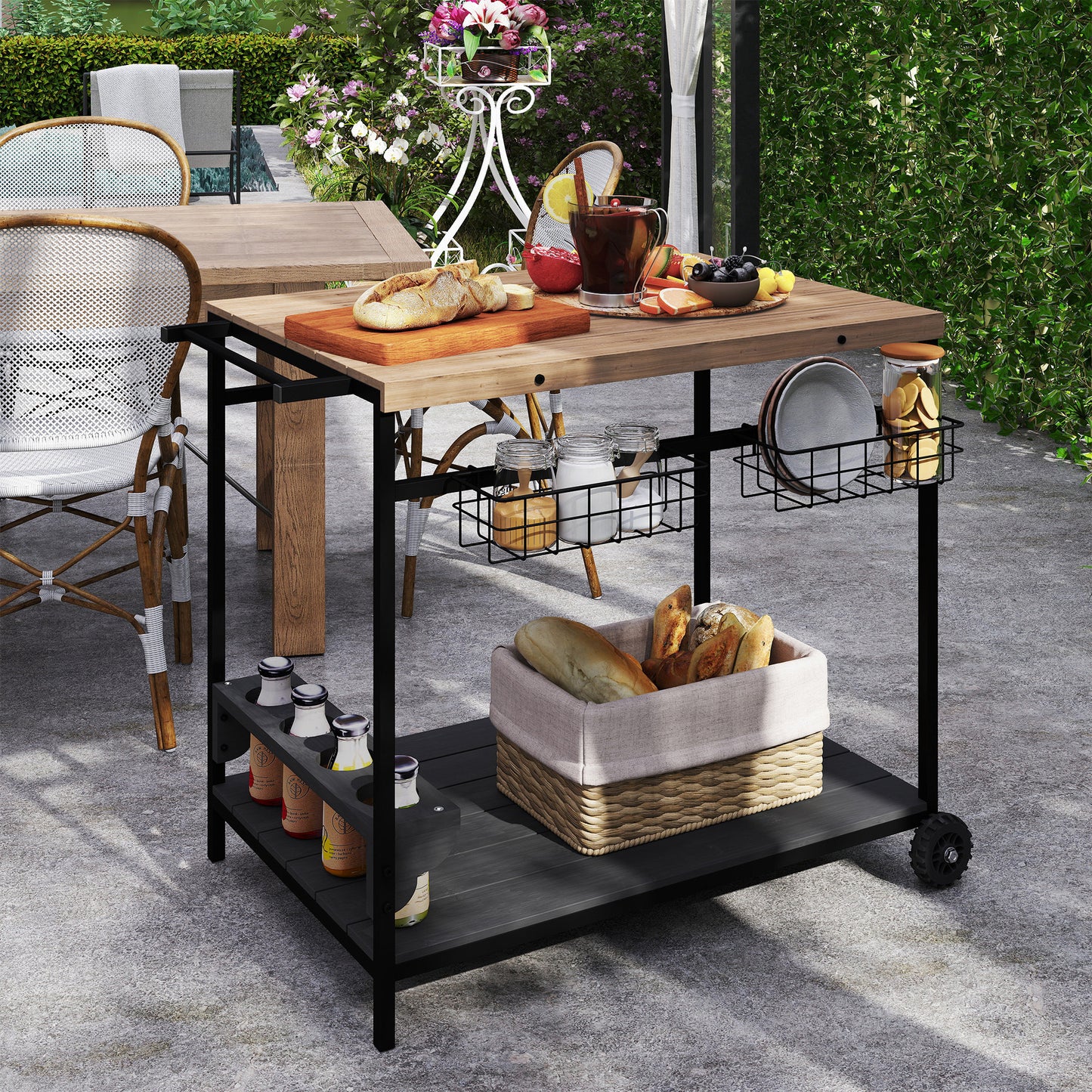 Outdoor Bar Cart with Wine Holders - Natural Wood