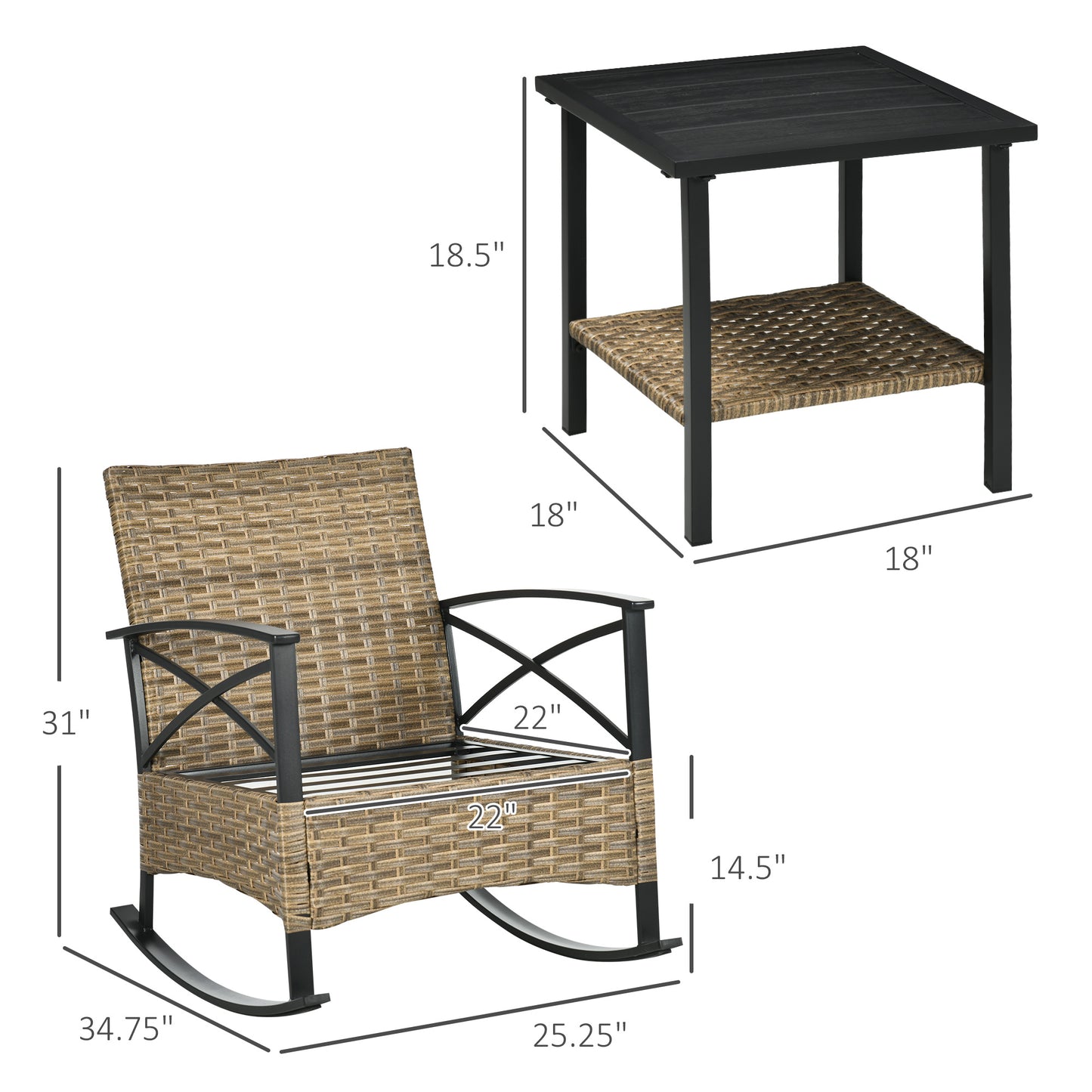 3-Piece Outdoor Wicker Rocking Chair Set with Cushions & Coffee Table - Light Gray