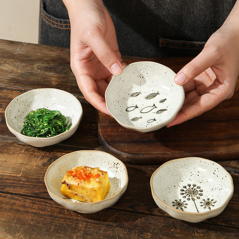 Japanese Ceramic Saucer for Condiments - Household Dish Small Fish & Sunflower Variants