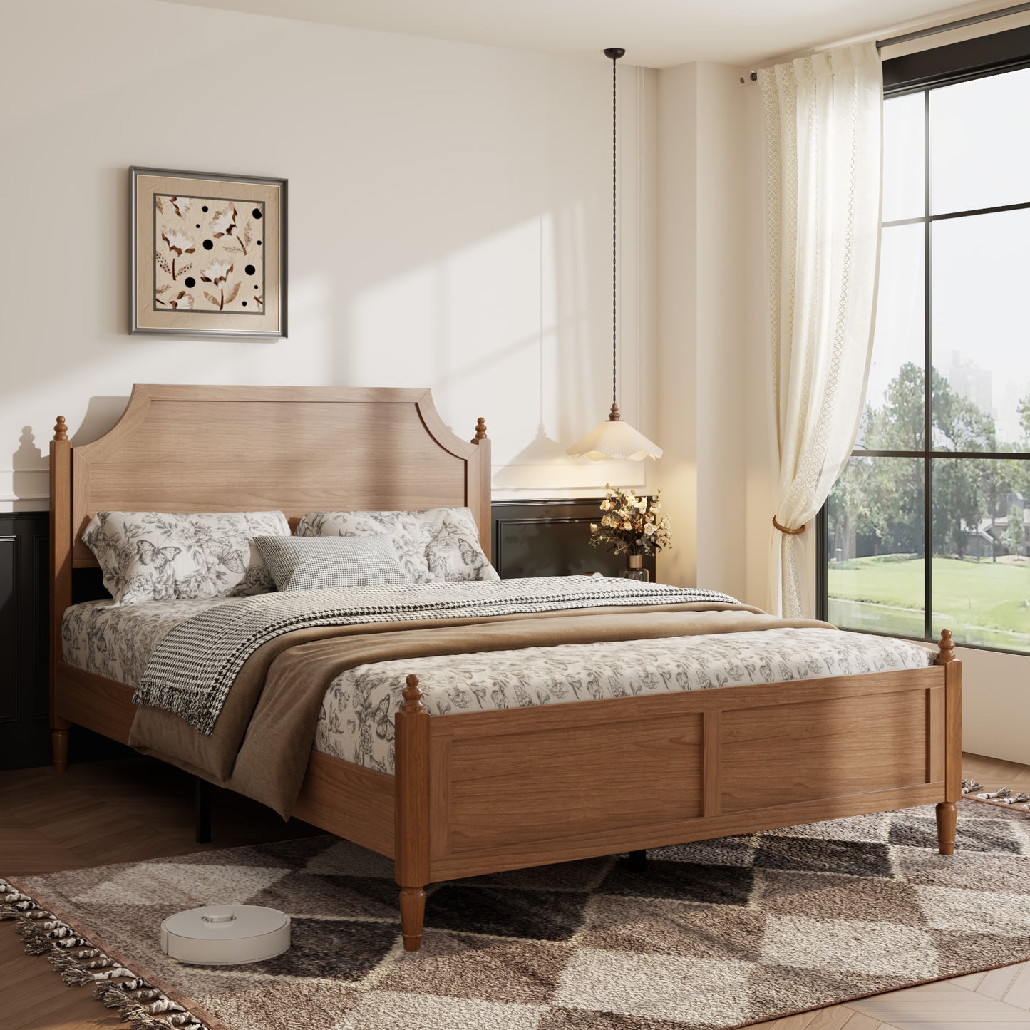 Full Farmhouse Platform Bed Frame with Headboard - Dark Brown