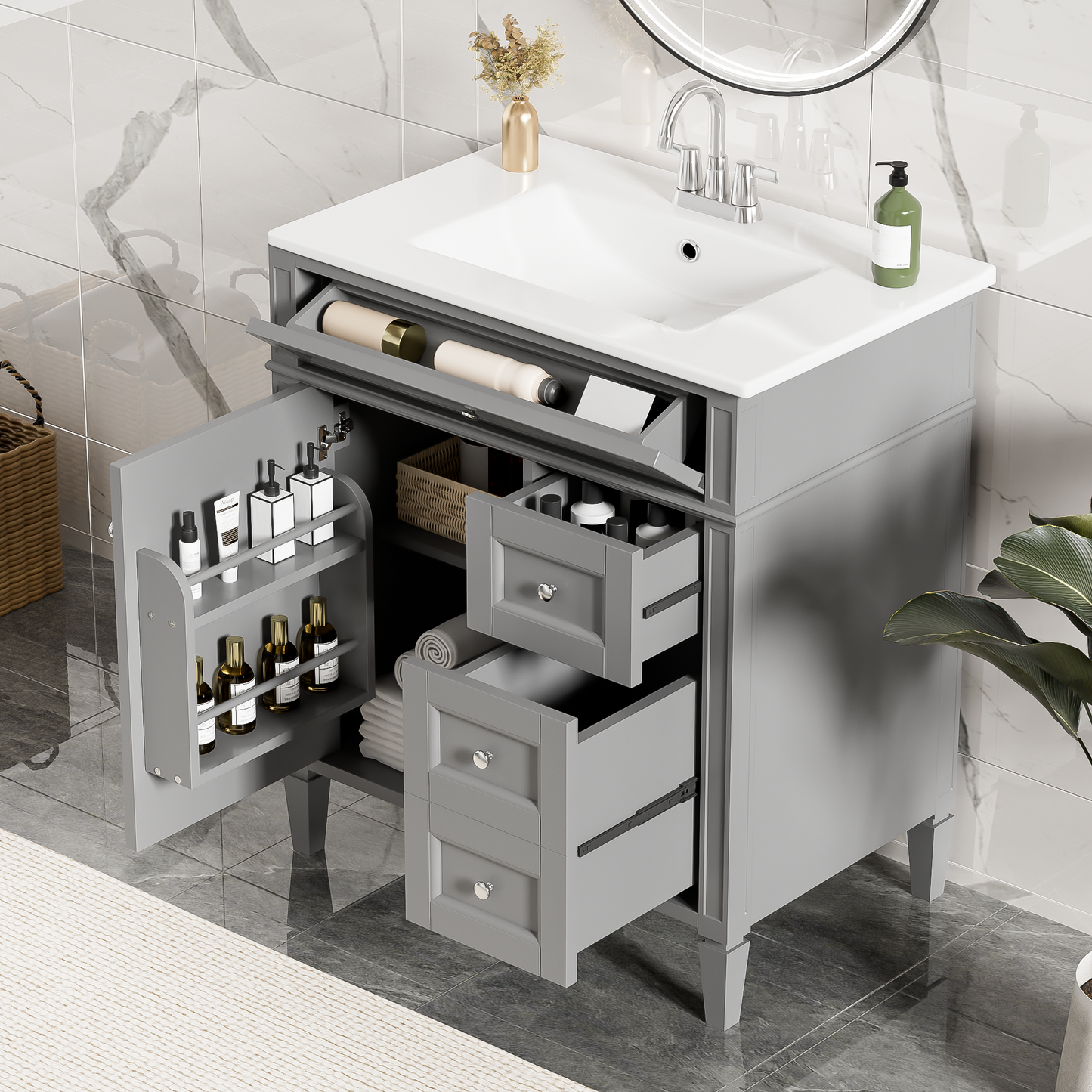 30 Bathroom Vanity With Top Sink, Modern Storage Cabinet 2 Drawers