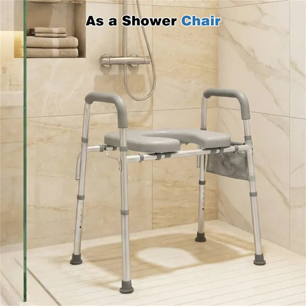 Adjustable Raised Toilet Seat with Armrests & Storage Pouch - 300LBS Capacity
