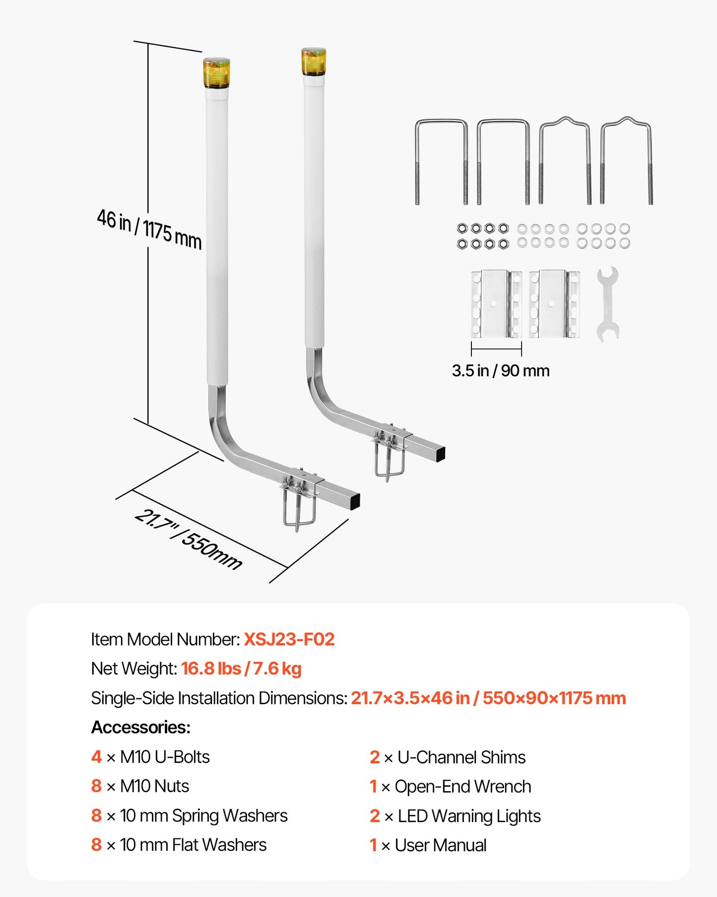 Boat Trailer Guide Poles with LED Lights, 46 Inch Adjustable Steel Guide-Ons