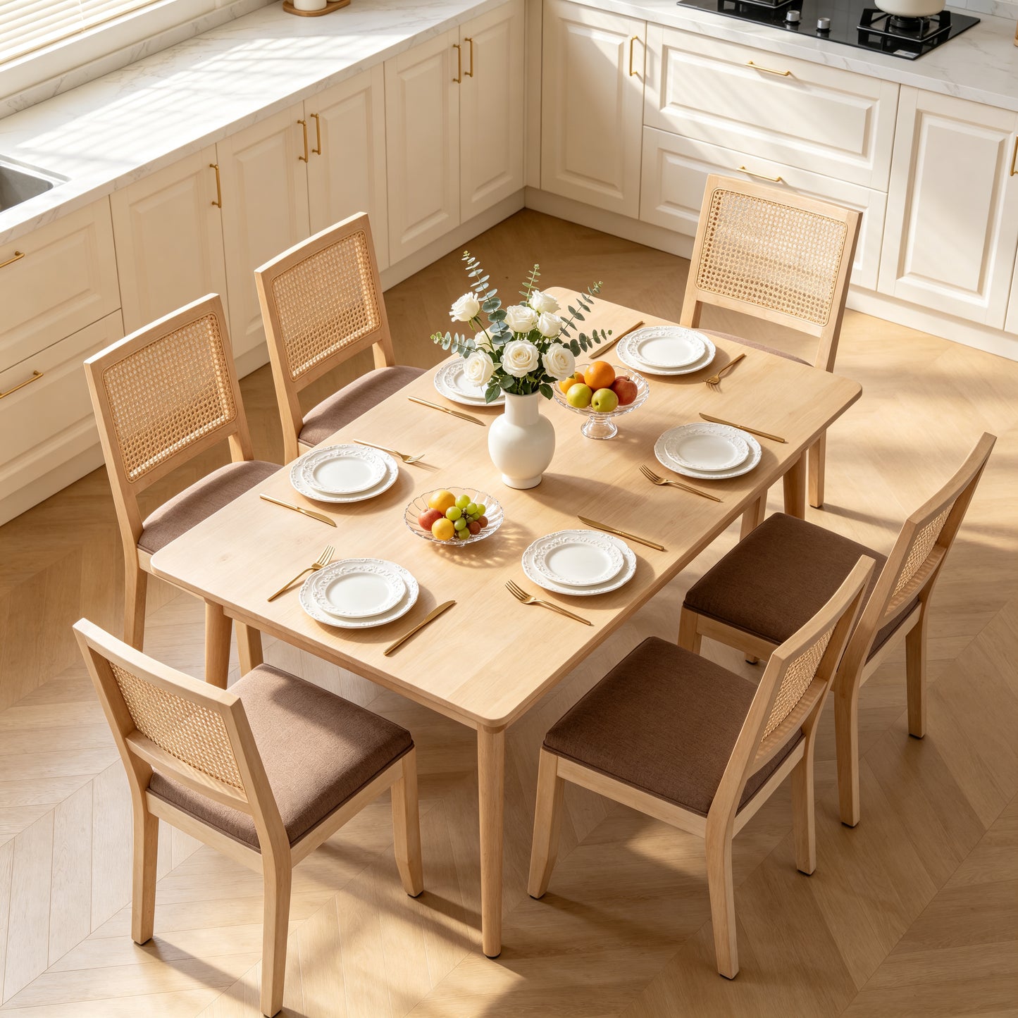 Rattan Dining Chairs Set of 2 - Mid Century Modern Tan