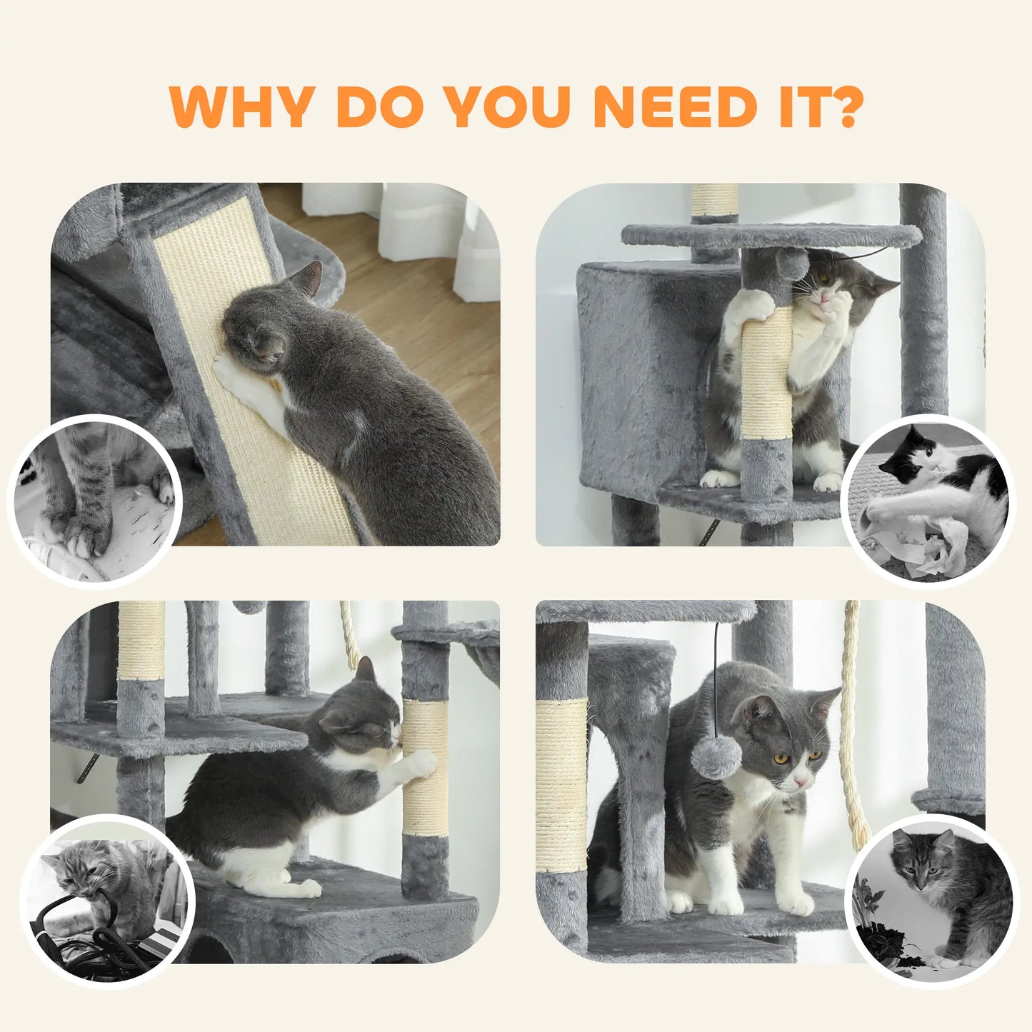 Multi-Level Cat Tree - Dark Gray 69" Cat Tower with Condos & Hammocks