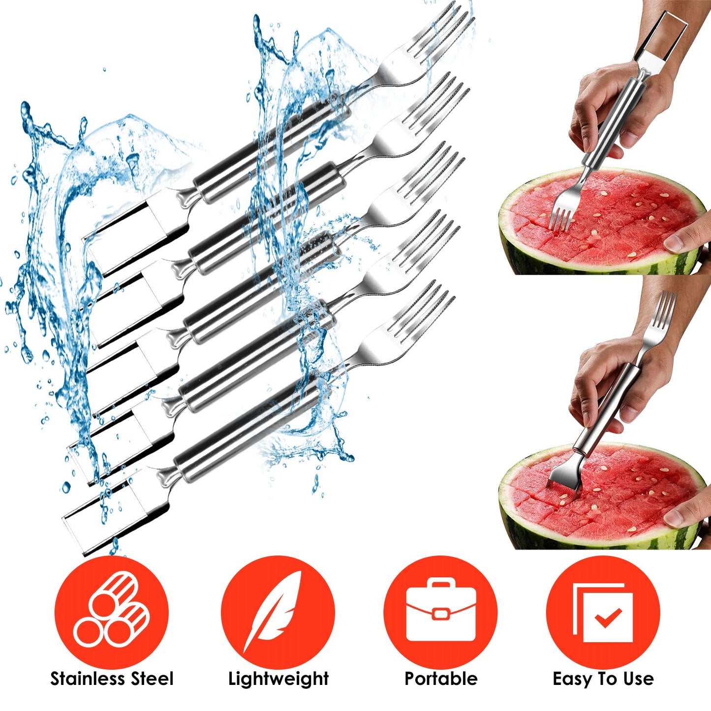 2-in-1 Watermelon Cutter Slicer Fork - 5 Pcs Stainless Steel Set