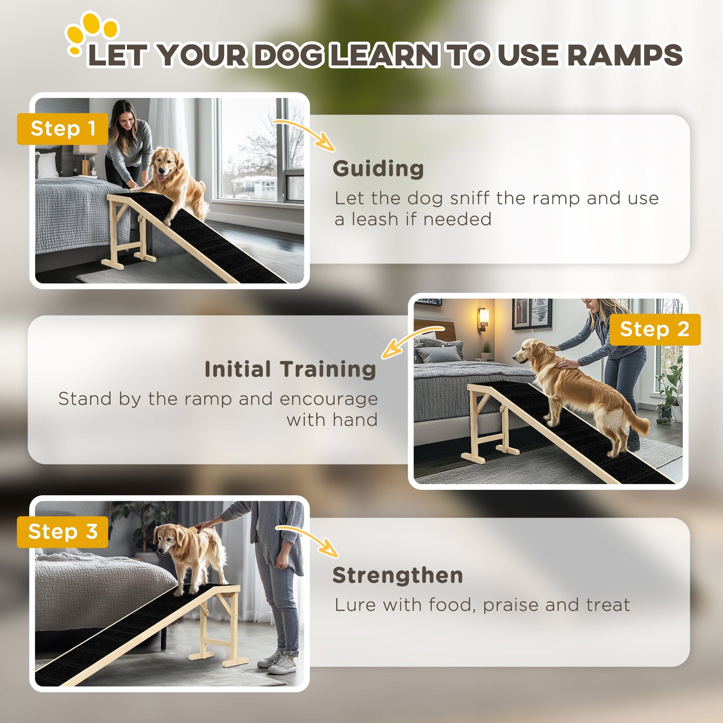Dog Ramp for Bed, Non-Slip Pet Ramp with Top Platform - Natural Wood, 74 x 16 x 25 inches