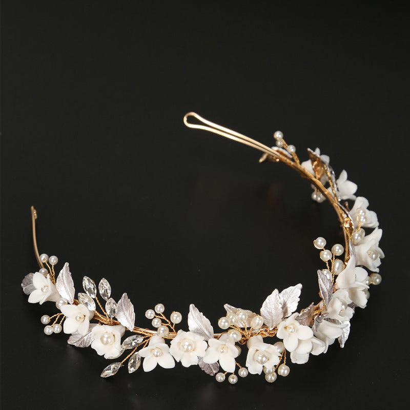 Ceramic Flower Hair Hoop - Gold Wedding Accessory