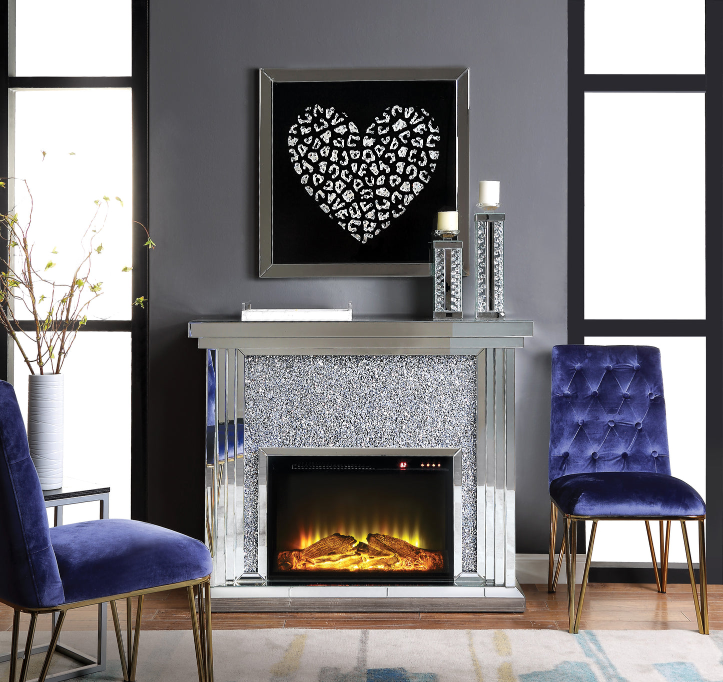 Mirrored Faux Diamonds Electric Fireplace - Silver