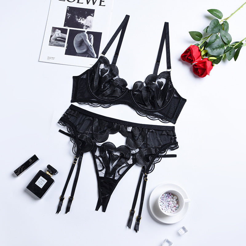 Mesh Embroidered Lingerie Set with Suspenders - Three Piece Collection