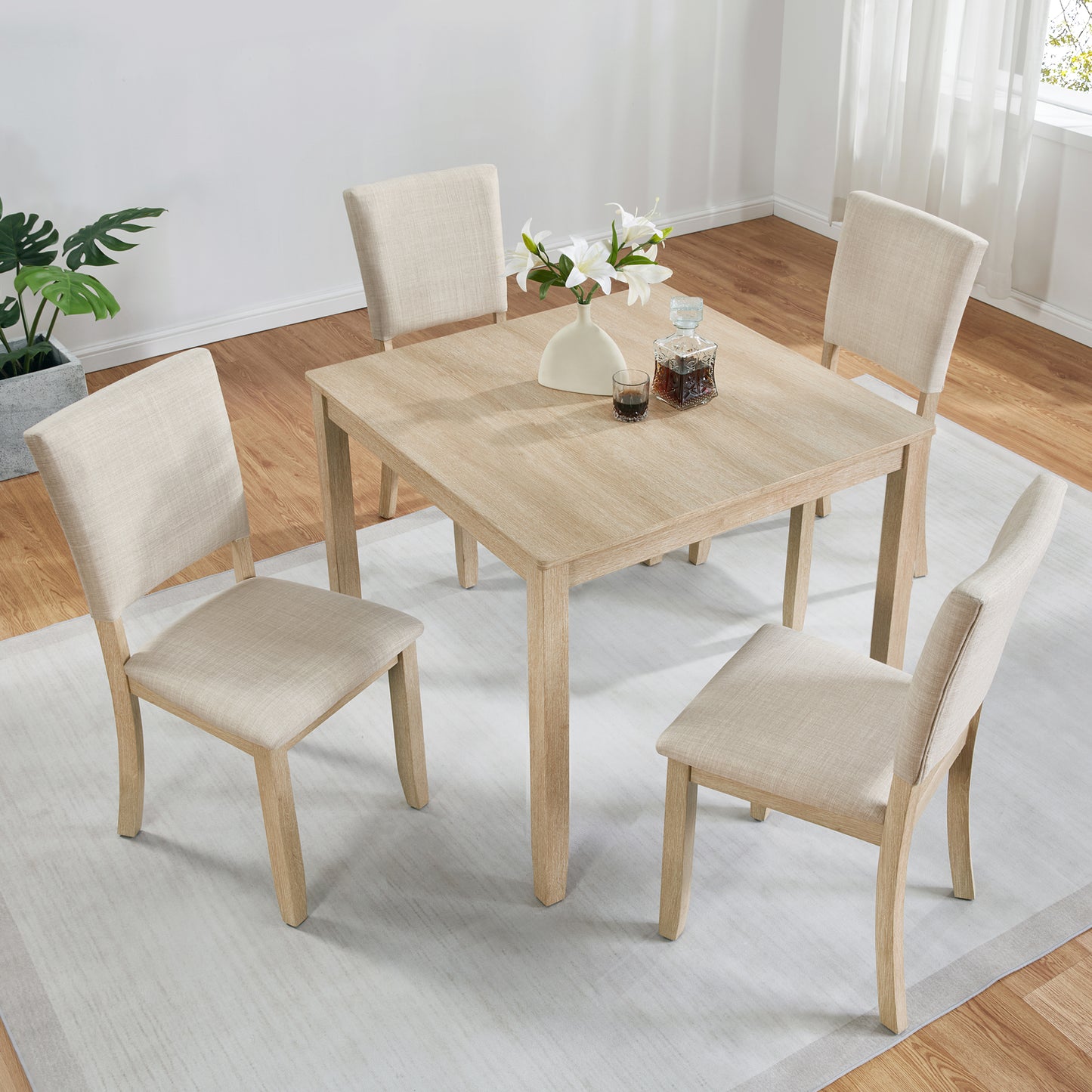 4-Person Wooden Dining Table Set with 4 Chairs - Light Oak & Beige