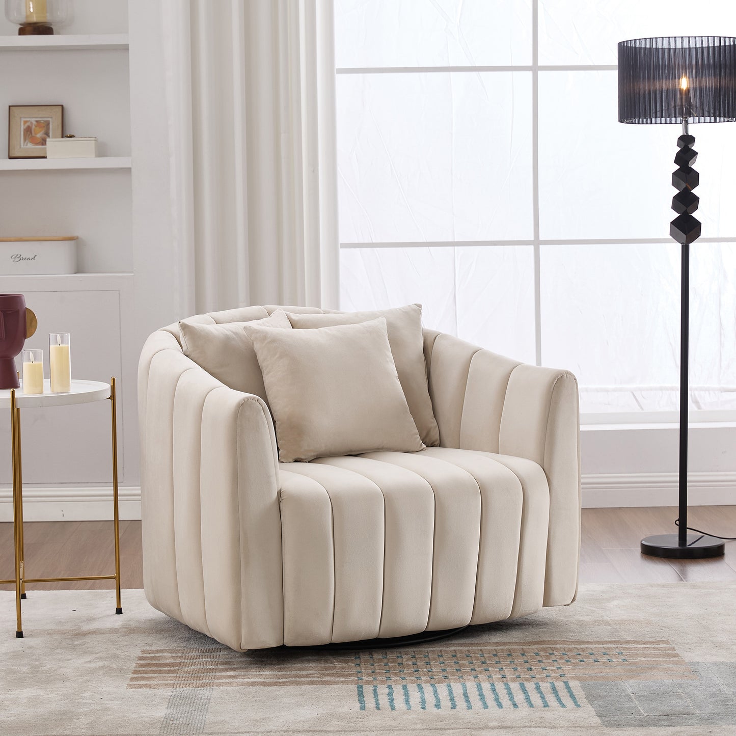Oversized 39" Swivel Accent Barrel Chair with 3 Pillows - Beige