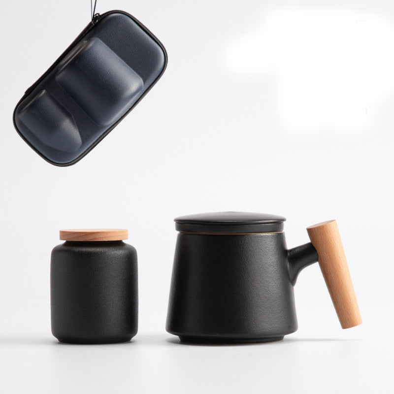 Ceramic Office Cup with Wooden Handle - Multiple Styles & Travel Bag