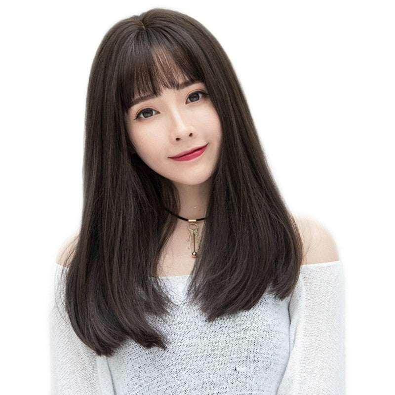 Air Bangs Medium Long Straight Wig | Synthetic Hair