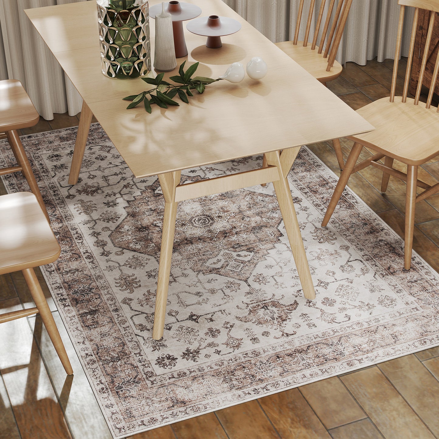 4x6 Vintage Machine Washable Area Rug - Tan Non-Slip Carpet