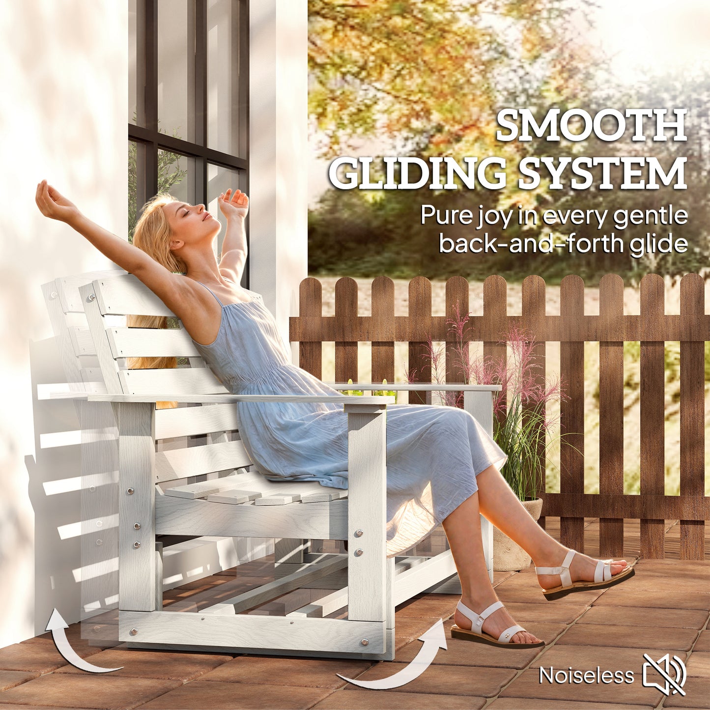 Patio Glider Bench with HDPE Slatted Double Rocking Chair - Distressed White