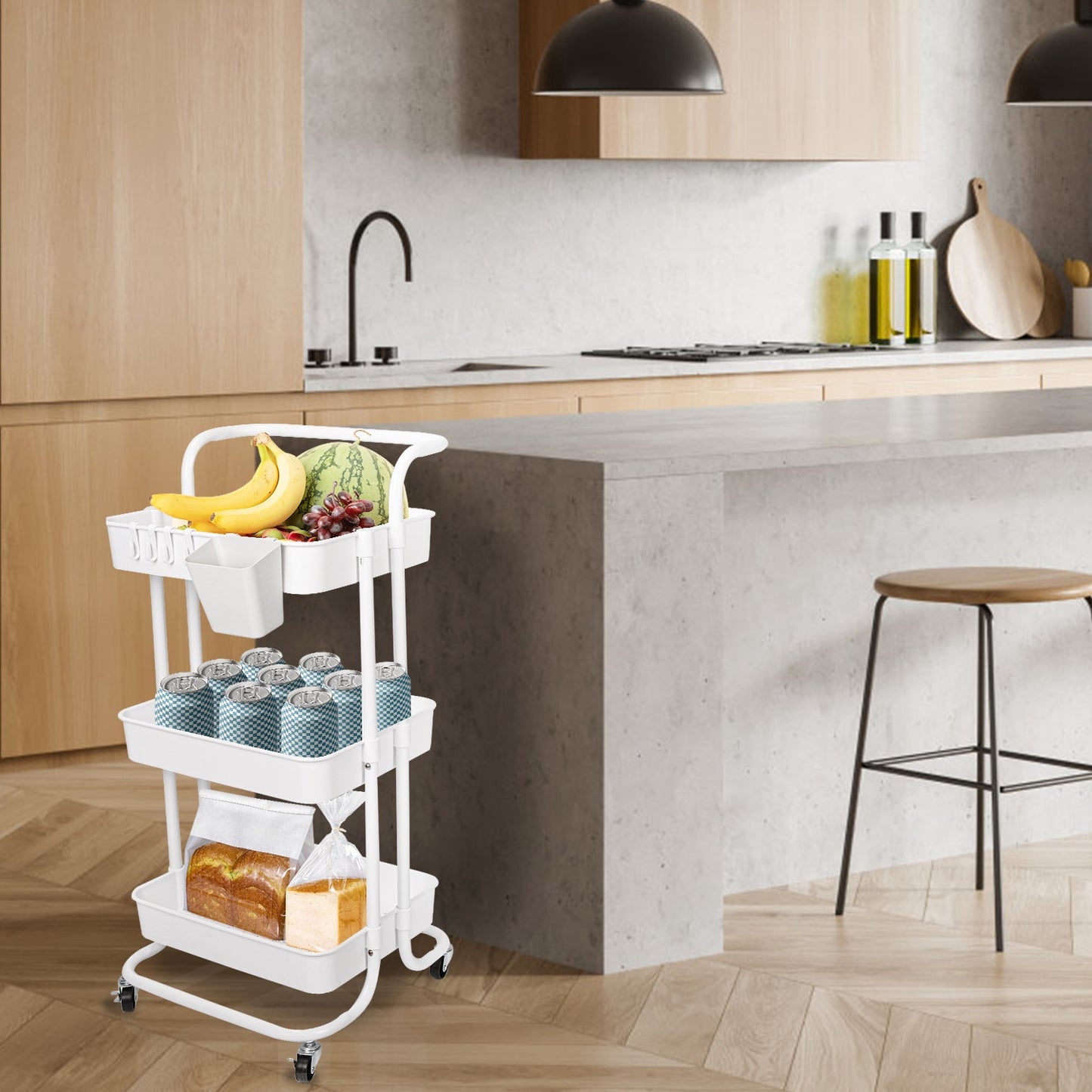 3-Tier Rolling Utility Cart with Mesh Baskets and Lockable Wheels
