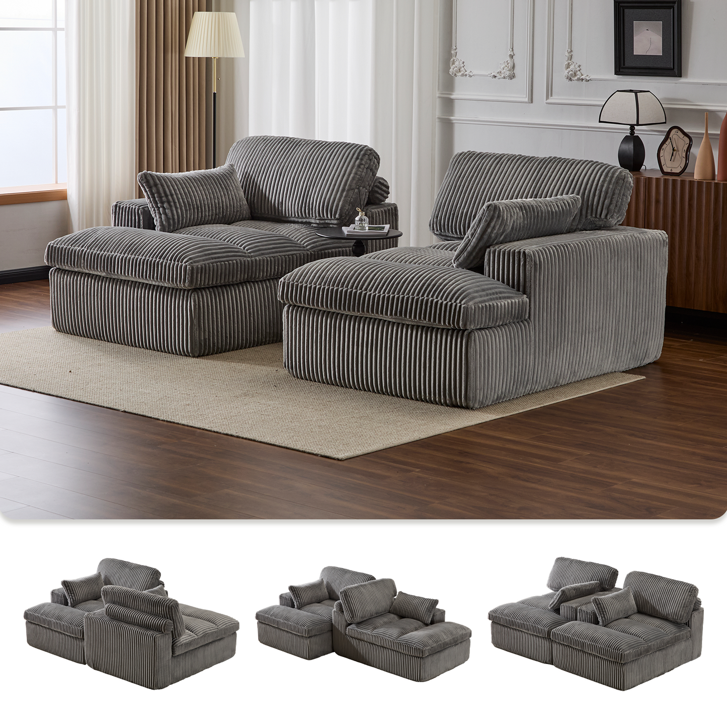 Double Chaise Lounge Chair - Oversized Grey Upholstered Sofa Bed