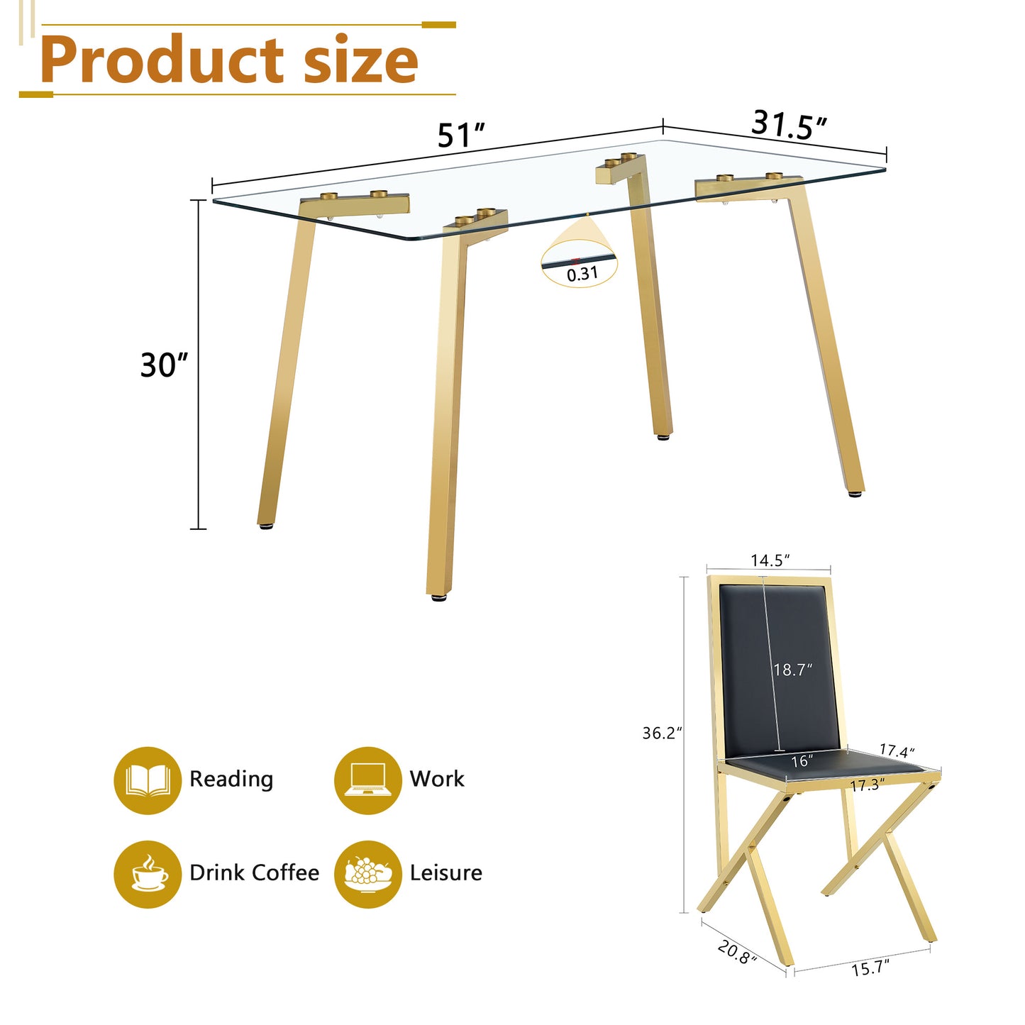 Table And Chair Set.51 X 31.5-inch Tempered Glass Dining Table,