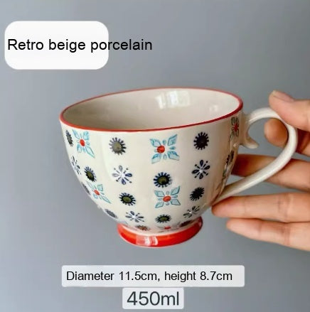 Large Capacity Ceramic Breakfast Mug for Milk and Oatmeal - Vintage Style, 400-450ml