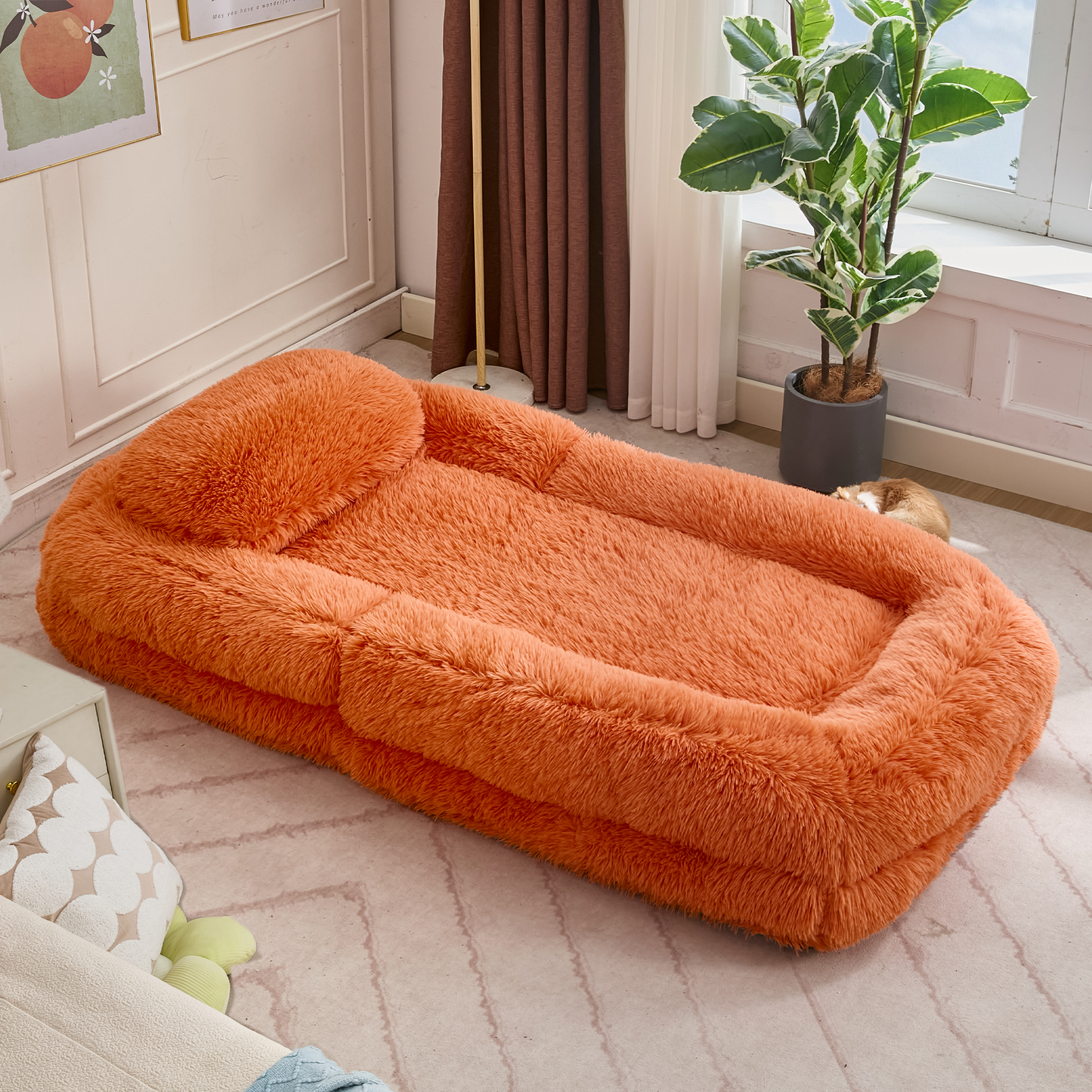 Adjustable Human Dog Bed & Lazy Sofa - Orange Plush Fabric