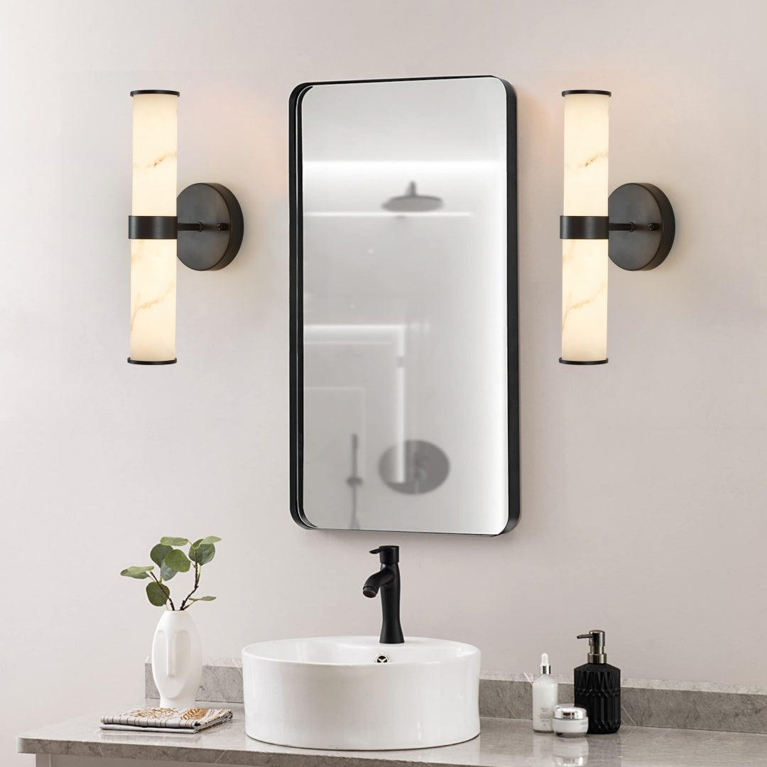 Set of 2 Marble Texture Wall Lights with Black Iron Frame
