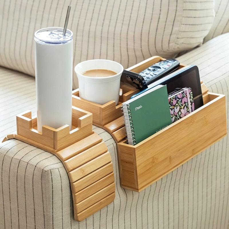 Multi-Functional Bamboo Sofa Cup Holder Tray - Foldable & Portable Storage