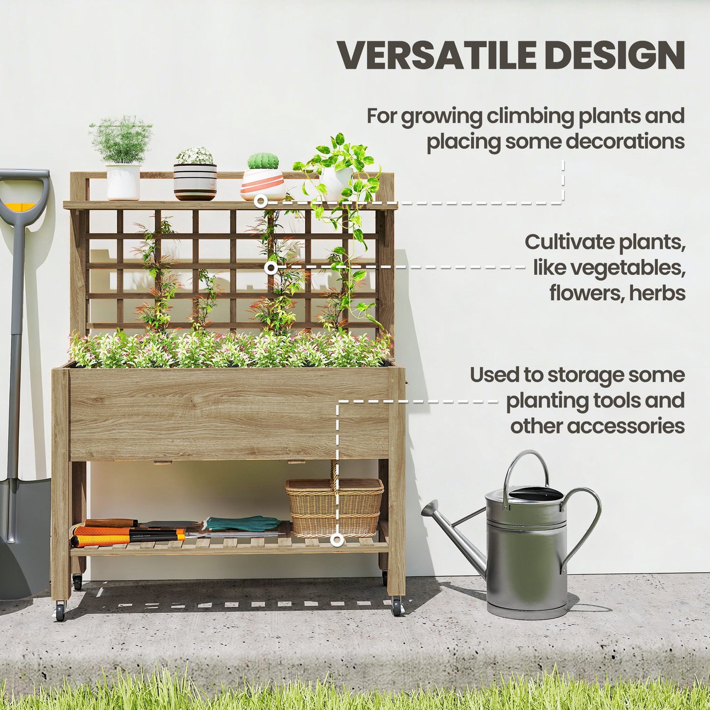 41-Inch Raised Garden Bed with Wheels, Wooden Planter Box, Trellis & Storage Shelf - Dark Brown