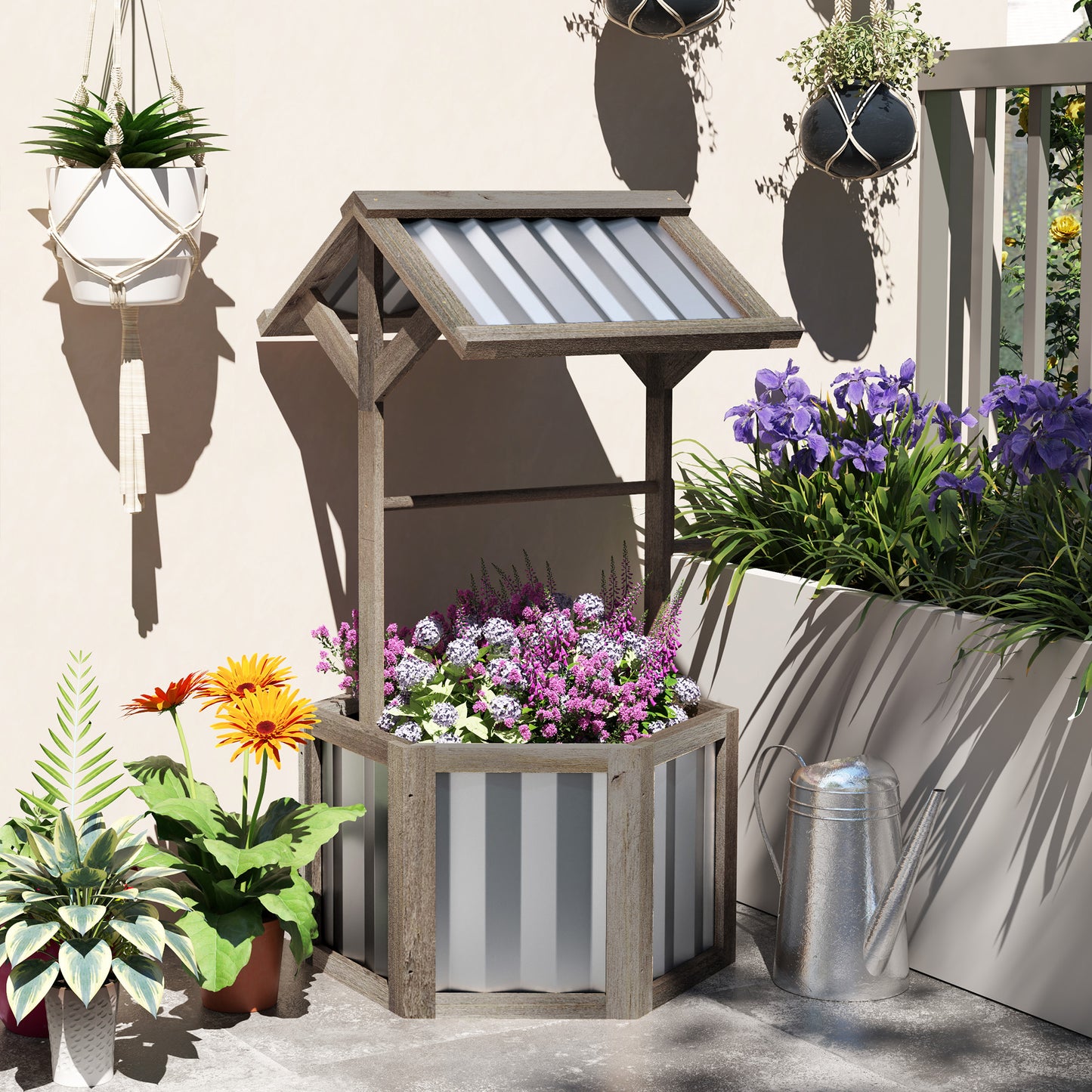 Wooden Wishing Well Planter, Raised Garden Bed With Galvanized